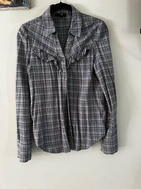 PAIGE Gray Plaid Ruffle-Trim Button-Down Shirt